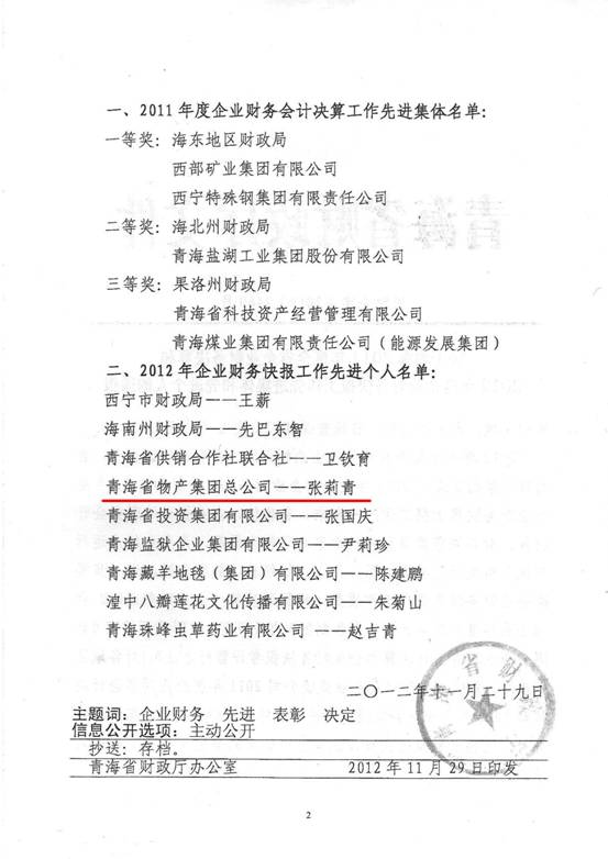 物產(chǎn)集團(tuán)榮獲2011年度財(cái)務(wù)決算先進(jìn)單位、2012年度財(cái)務(wù)快報(bào)工作先進(jìn)個(gè)人表彰